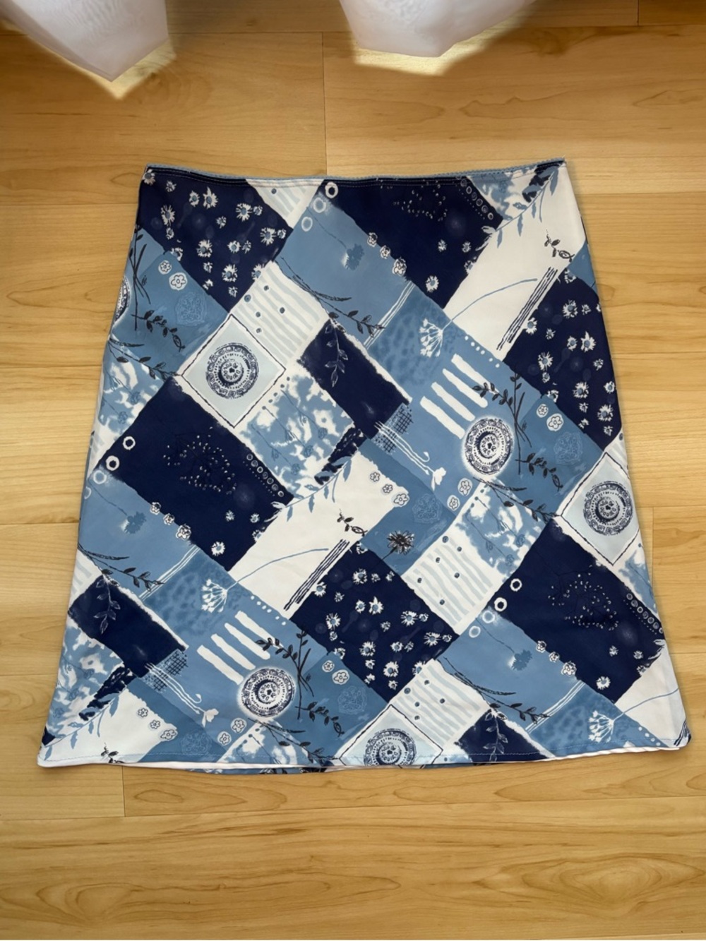 Vintage Blue Patchwork Print Midi Skirt